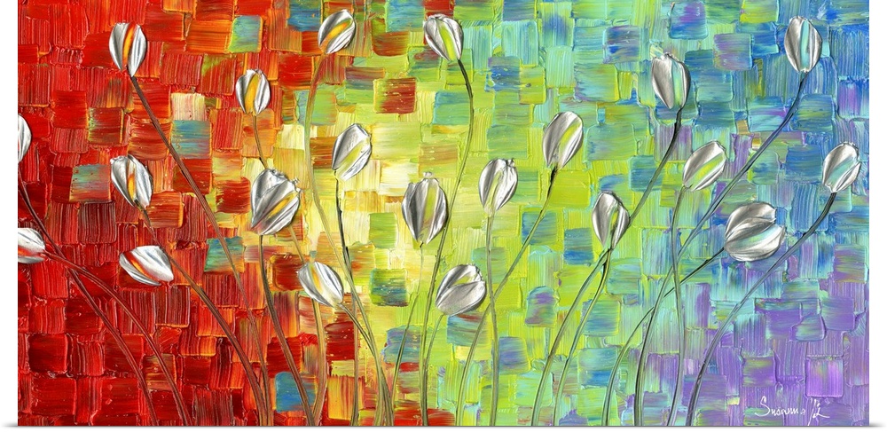 Large abstract painting with silver long stemmed tulips on a colorful background.
