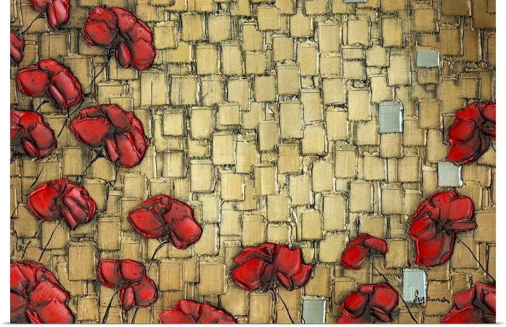 Abstract red poppy flowers on a textured gold background created with layered square brushstrokes and a few silver squares.