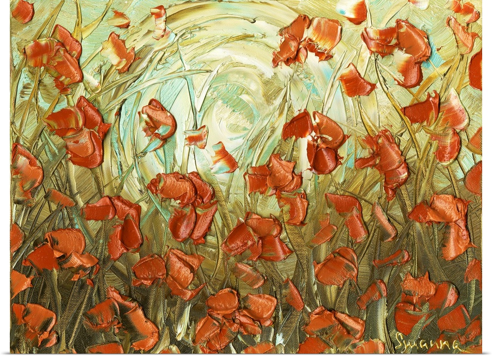 Abstract painting of amber poppies in a field with a light green, blue, and yellow background.