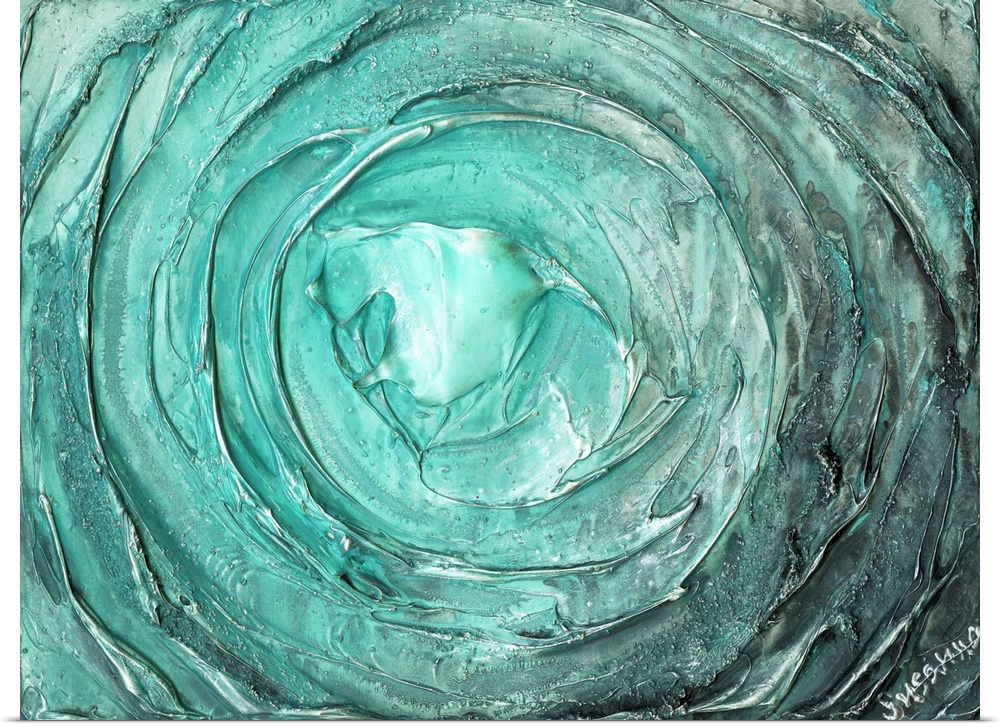 Large abstract painting with thick circular strokes and layers of paint in aqua and silver.