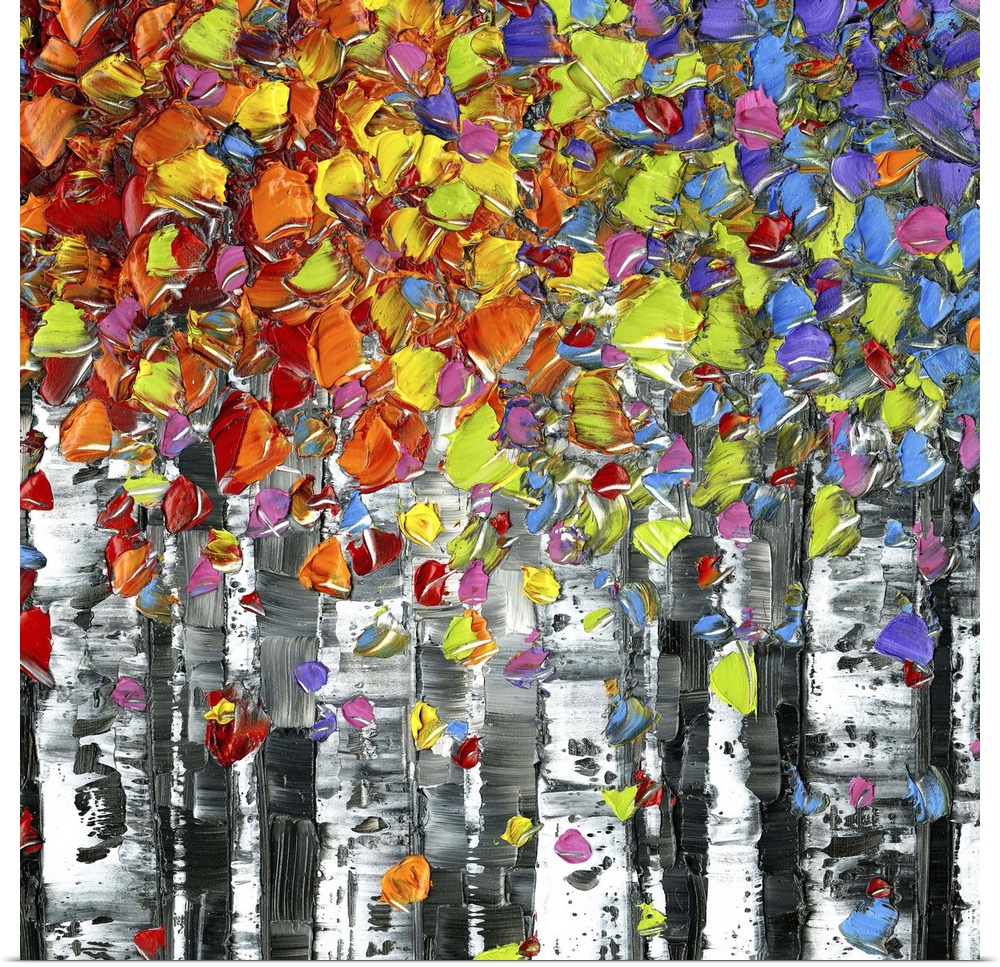 Abstract painting of Birch trees with colorful leaves on a square background.