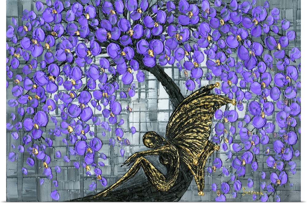 Black and gold forest warrior dark fairy resting under a magic purple cherry blossom tree with a textured grid in the back...