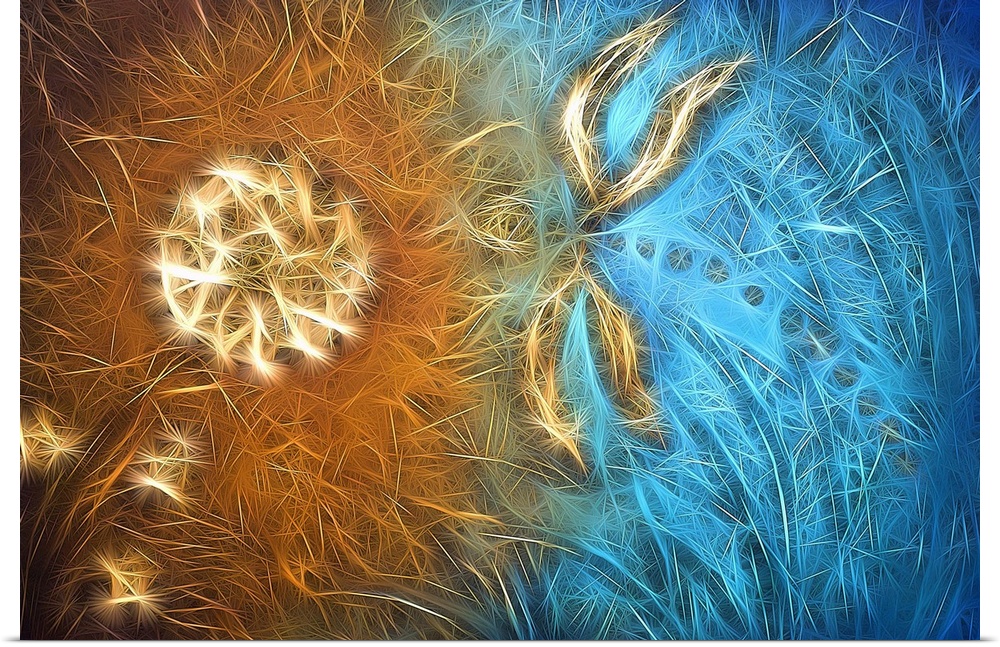 Digital abstract art in blue and copper with a dragonfly flying towards a flower.