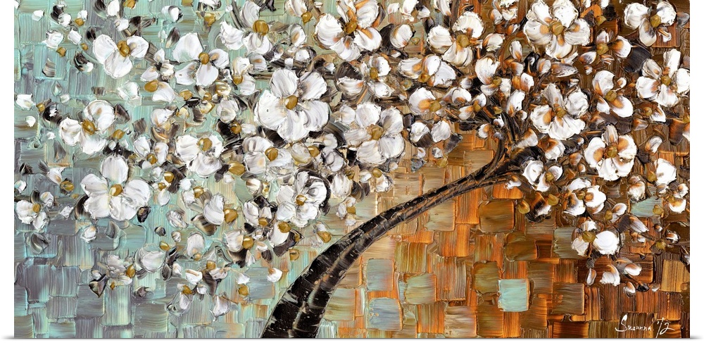 Large painting of a tree with white flowers all over on a blue, orange, and brown background created with layered squares.