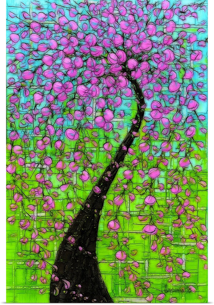 Digital illustration of a large blossoming tree with bright pink flowers on a light blue and green background.
