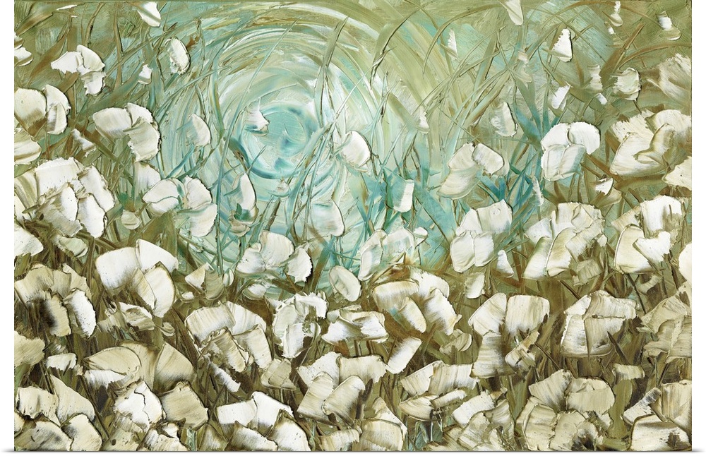 Large abstract painting with white flowers on a green and blue background.