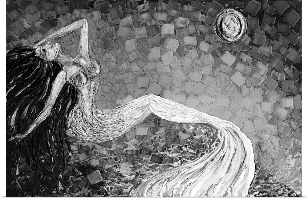 Black and white painting of a mermaid with long flowing hair on a background made with layered square brushstrokes.