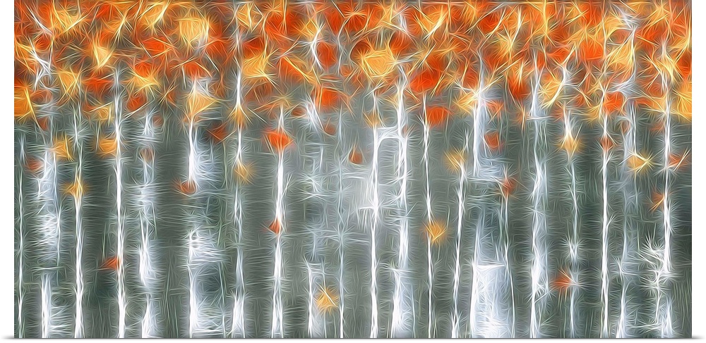 Abstract landscape art with tall Autumn trees in rows created with intertwining lines that looks like electricity.