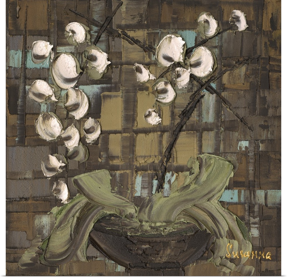 Square painting of orchids planted in a pot on a brown textured background with hints of light blue.