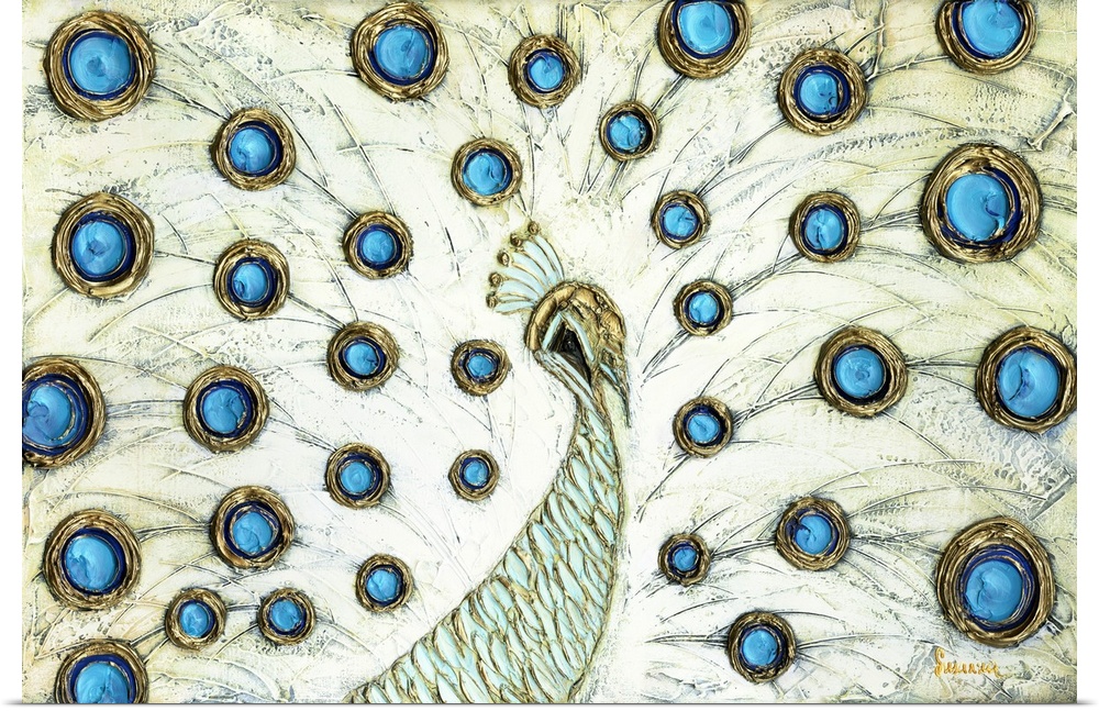 White Peacock with blue and gold circular markings on its feathers in an impressionist style.