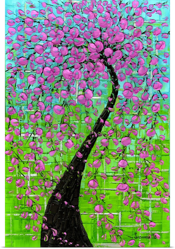 Pink weeping cherry blossom tree green, turquoise blue and silver.
