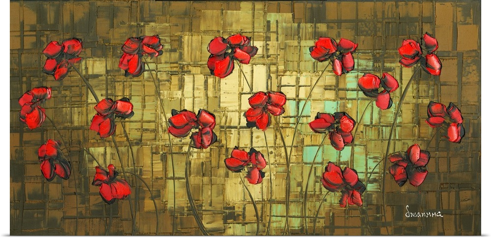 Contemporary painting of red poppies with black shadows on a brown, gold, and blue textured background with a grid pattern.