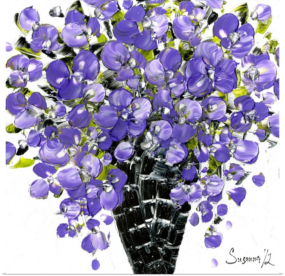 Square painting with textured purple flowers arranged in a black vase on a white background.