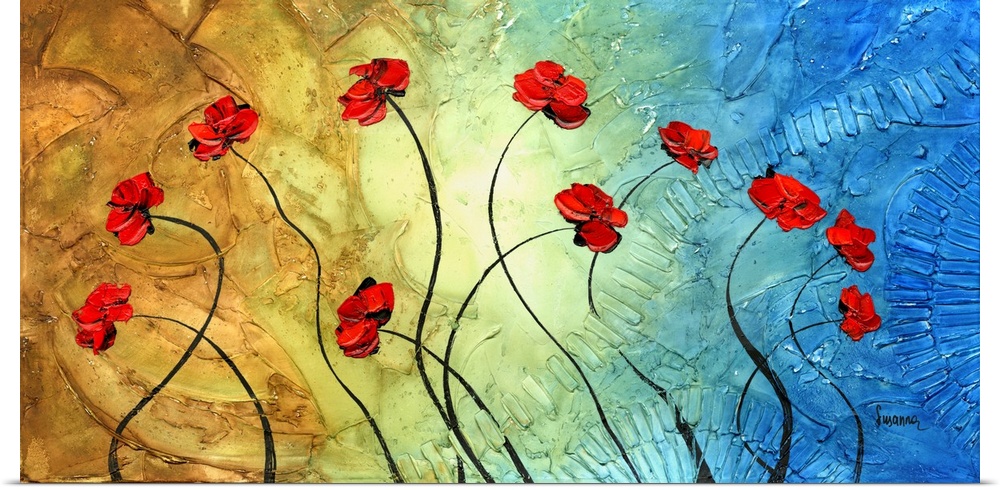 Red poppy flowers on a brown, green, and aqua blue background.