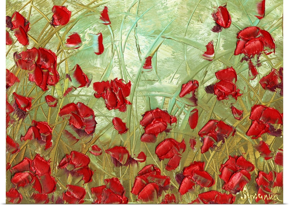 Abstract painting of red poppies in a field with a light green, blue, and yellow background.