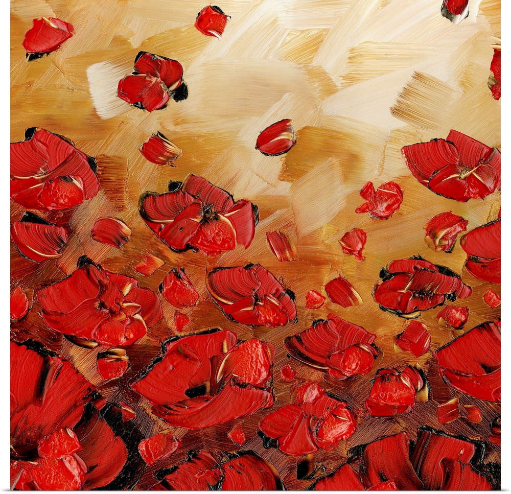 Abstract painting of red poppies on a bronze background with distinct brushstrokes on a square background.