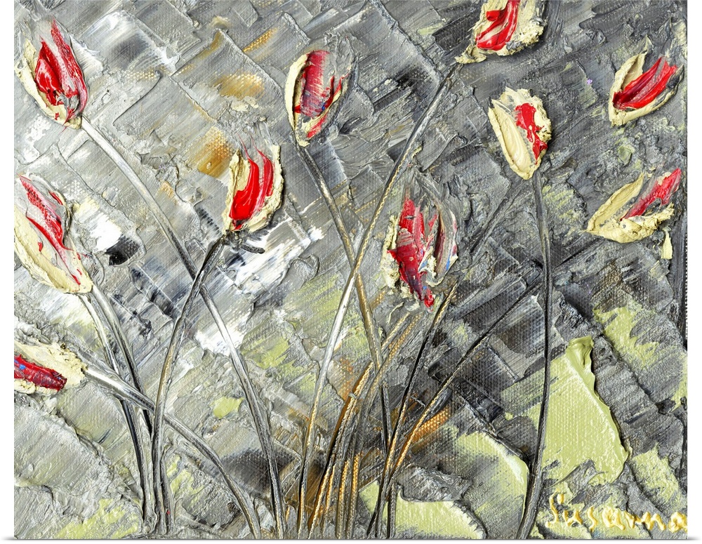 Abstract painting of red and yellow tulips on a gray textured background.