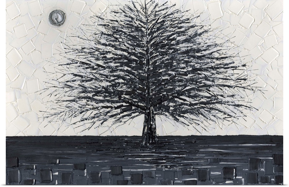 Black and white tree landscape with layers of squares in the background.