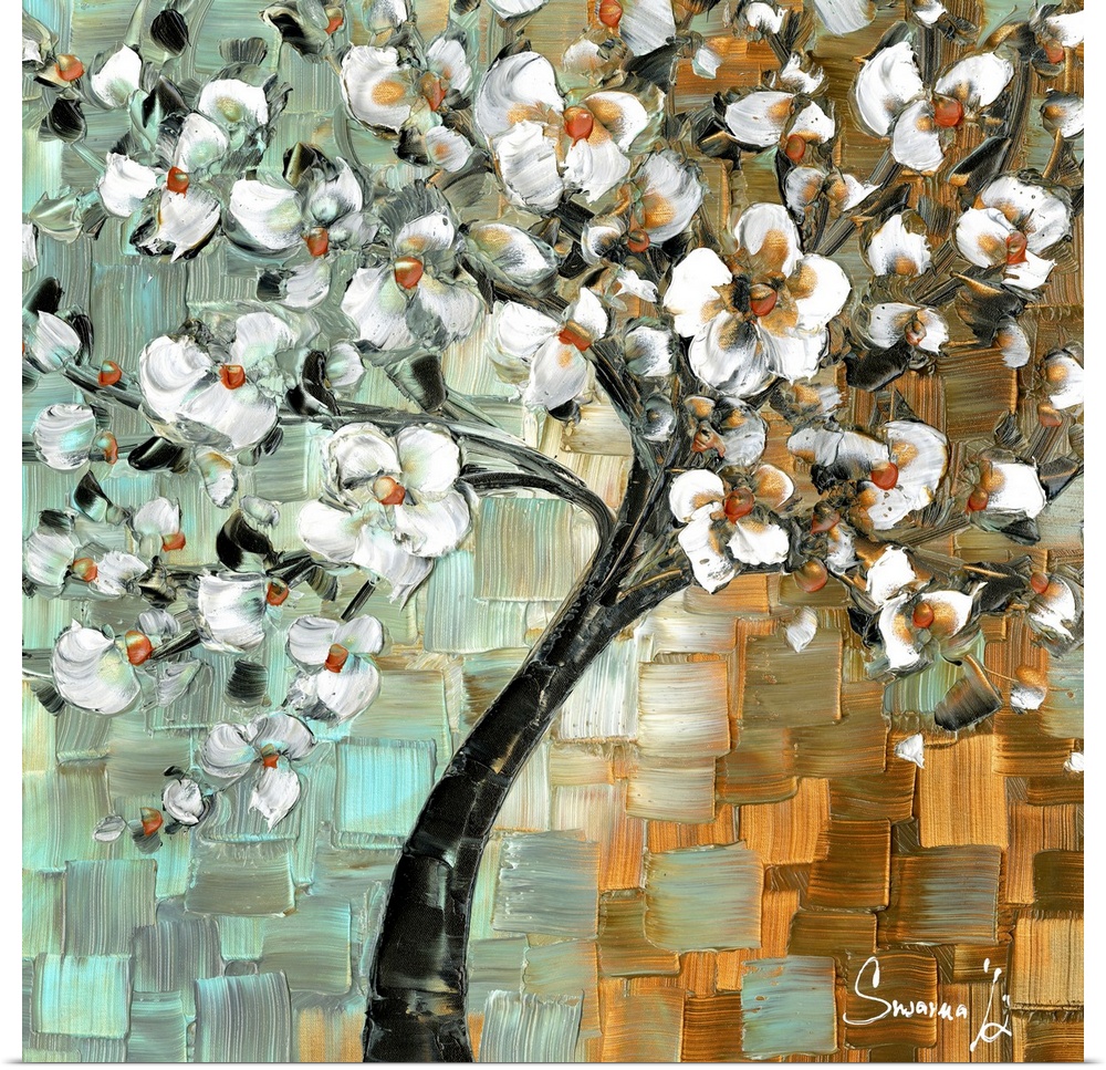 Contemporary painting of a tree with white flowers on a gold and light blue background created with layered squares on a s...