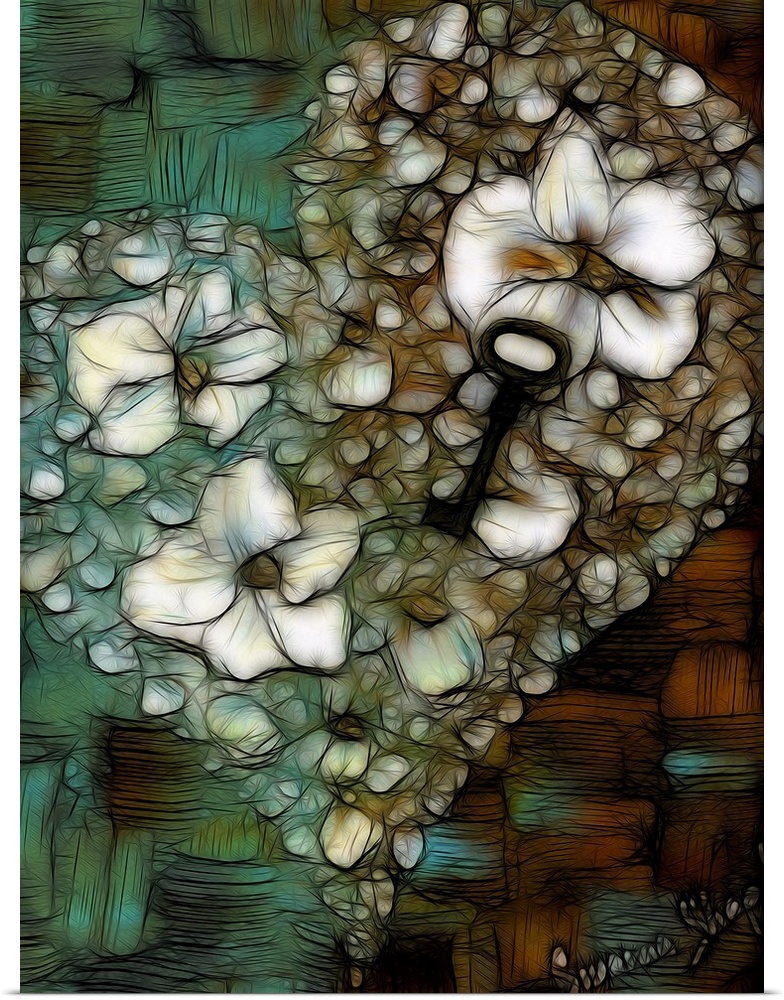 Digital illustration of a heart with white flowers and an antique key in the middle with a blue, green, brown, and orange ...