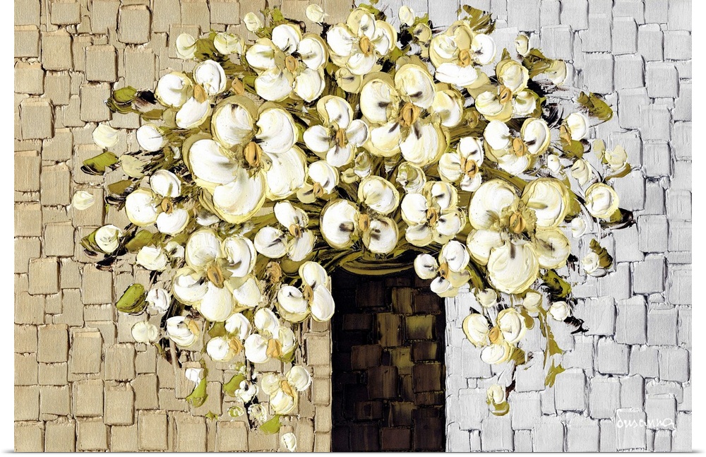 Large contemporary painting of a bouquet of white flowers with olive green shadows in a dark brown vase on a beige and sil...