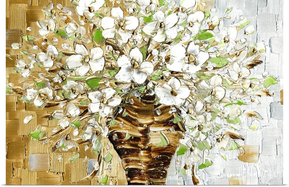 Large contemporary painting of a brown vase with a bouquet of white flowers with light green leaves on a gold and silver b...