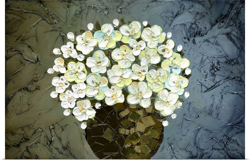 Large painting of flowers created with thick layers of green, white, yellow, and blue in a brown and green vase on a textu...