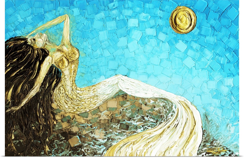 Mermaid Fantasy Art White Gold Blue Brown