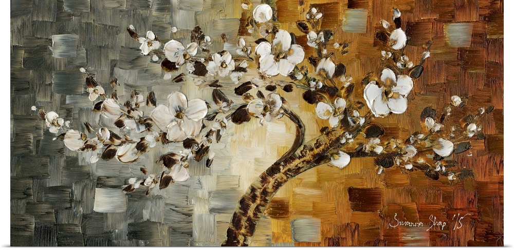 Contemporary painting of a white blossom cherry tree on a textured background created with gray, white, yellow, and bronze...