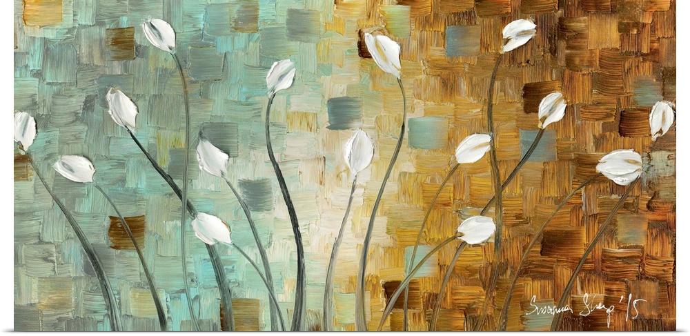 Contemporary painting of white tulips with long stems on a textured background created with blue, yellow, and brown hues.
