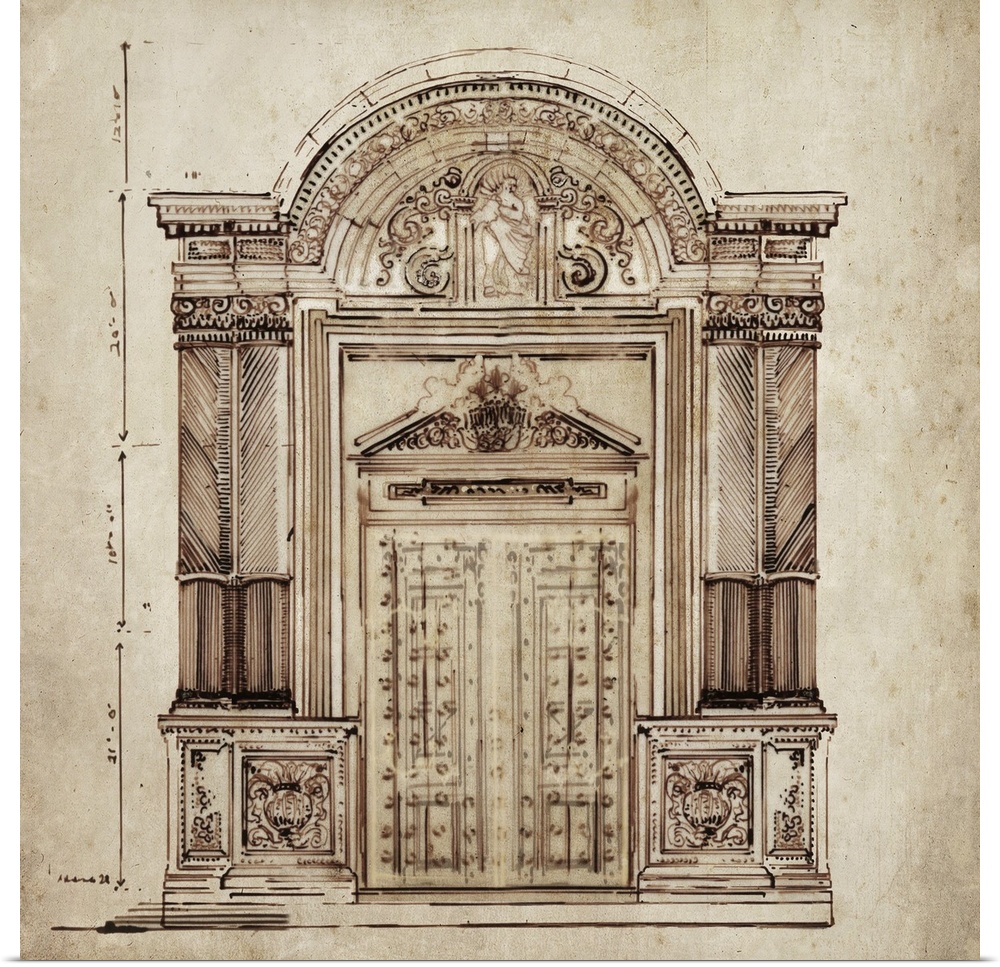Contemporary artwork of an architectural drawing, in a weathered and rustic style.