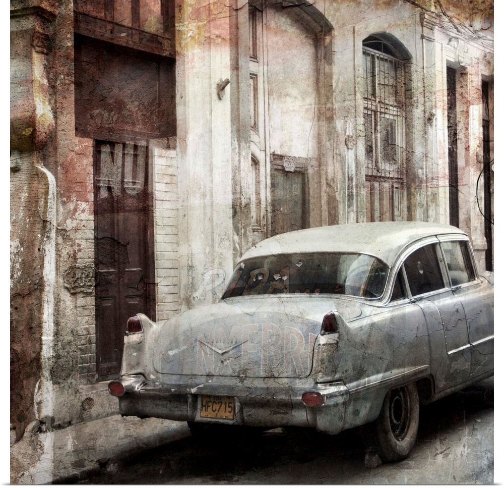 Photograph of a vintage car parked on a street, next to decayed looking buildings.