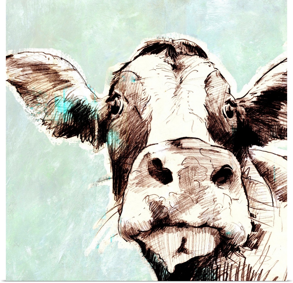 Contemporary artwork of a cow against a muted pale blue background.
