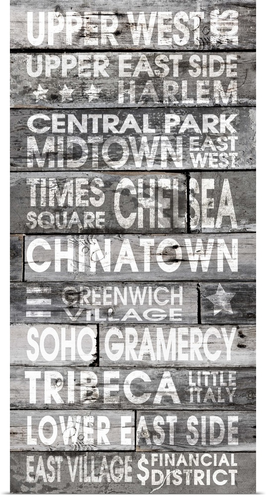 Contemporary artwork of locations in a stressed stencil style on a wood plank looking background.