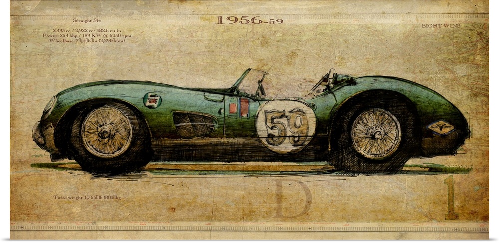 Contemporary artwork of a vintage race car in profile. On a weathered and rustic background.