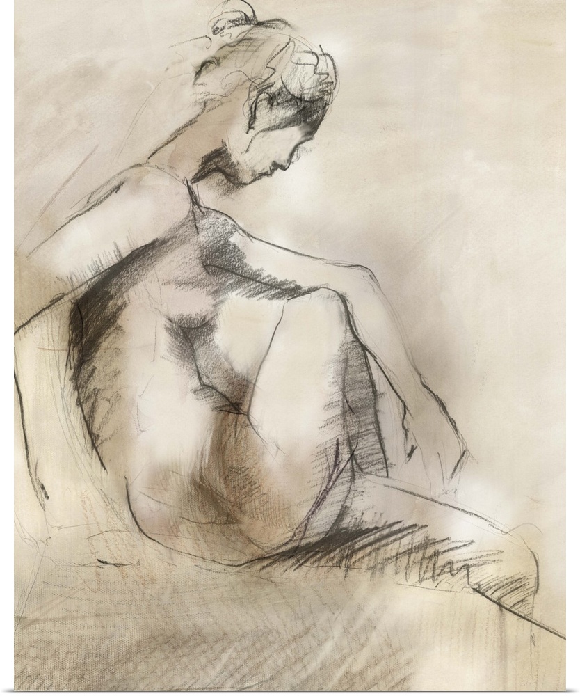 Contemporary drawing of a female nude profile, in a seated position.