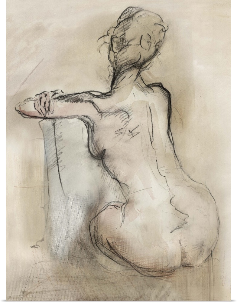 Contemporary drawing of a female nude, in a seated position.