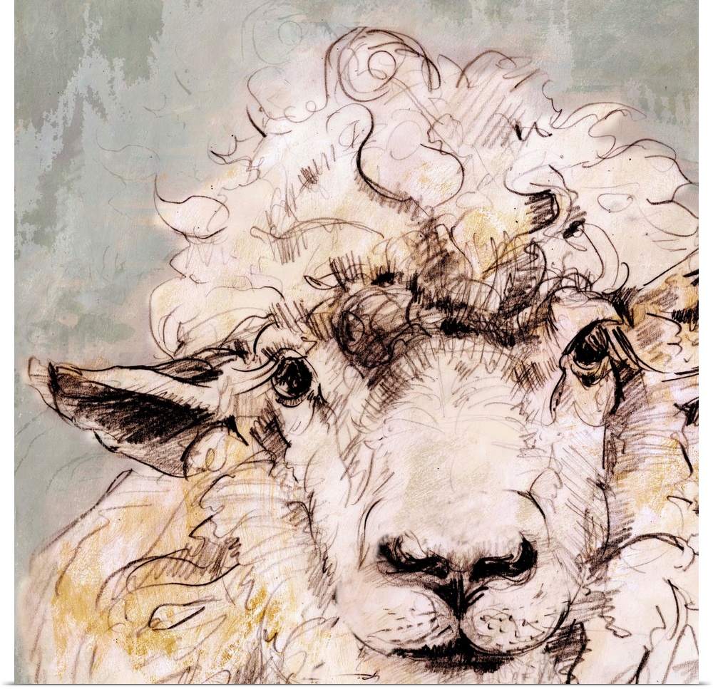 Contemporary artwork of a sheep against a muted pale gray background.