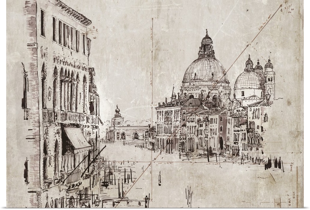 A contemporary sketch of a canal in Venice looking toward a cathedral.