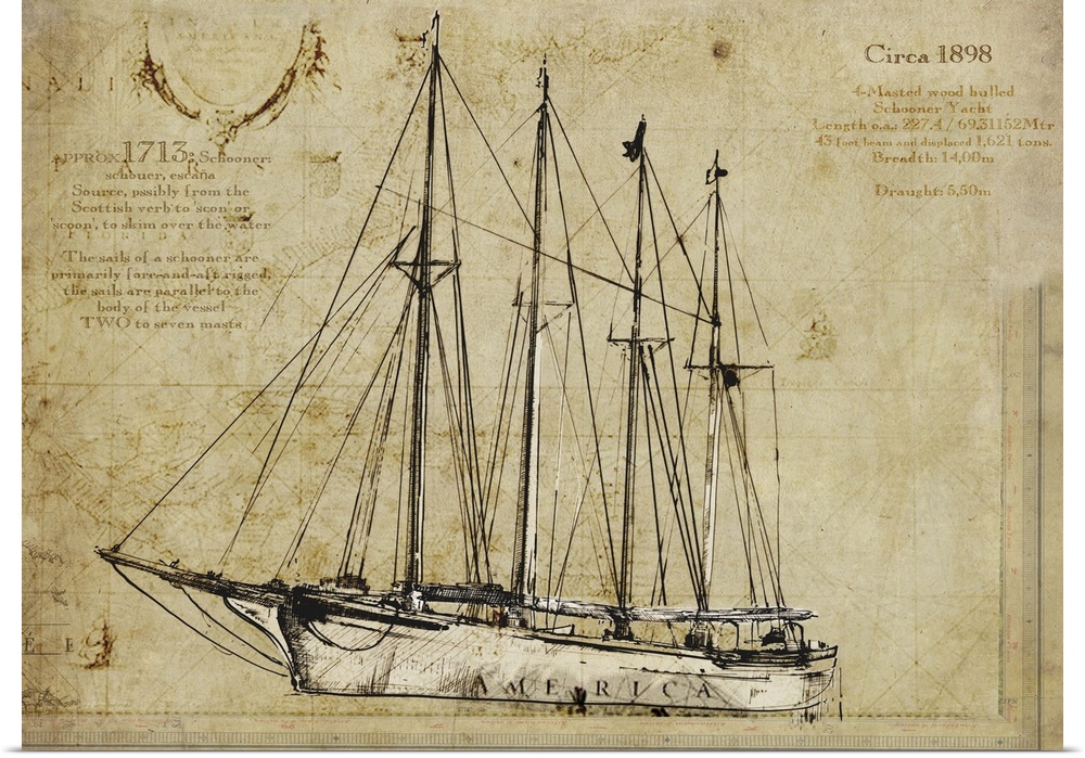 Contemporary artwork of a vintage looking drawing of a yacht.