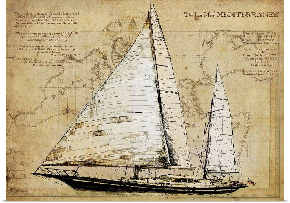Contemporary artwork of a vintage looking drawing of a yacht. With a background of a map.