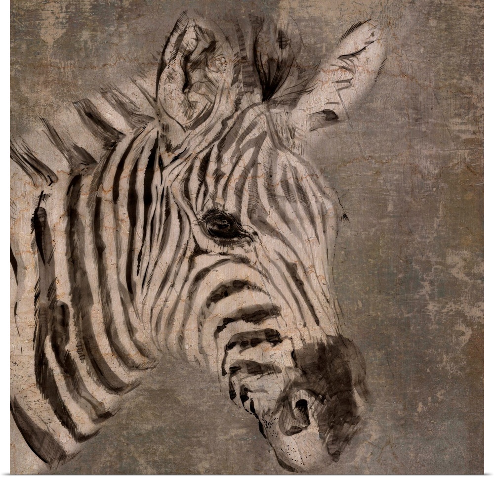 Contemporary artwork of a zebra against a brown textured surface.