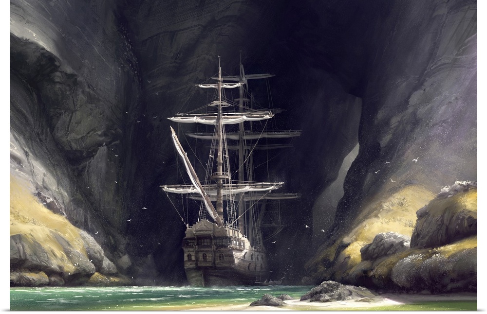 Painting of a pirate ship exploring a large coastal cave.