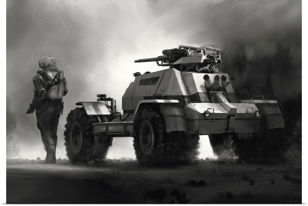 Concept painting of an armored scout vehicle.