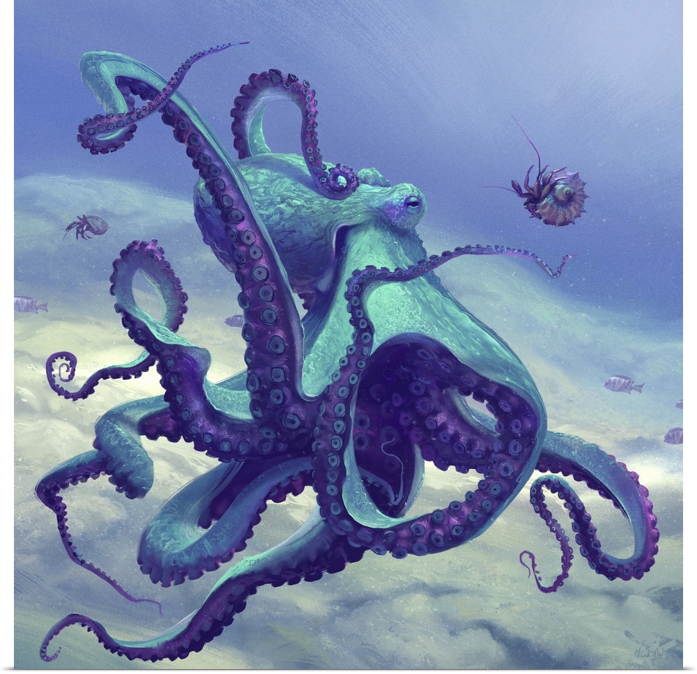 Painting of a blue octopus playing with shellfish.