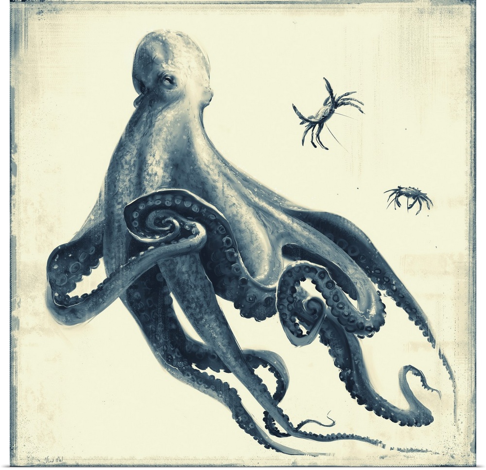 Monochrome painting of an octopus ready to eat crab.
