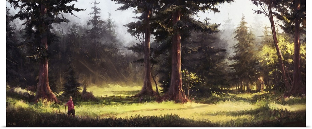 Painting of a forest scene and outhouse in afternoon light.
