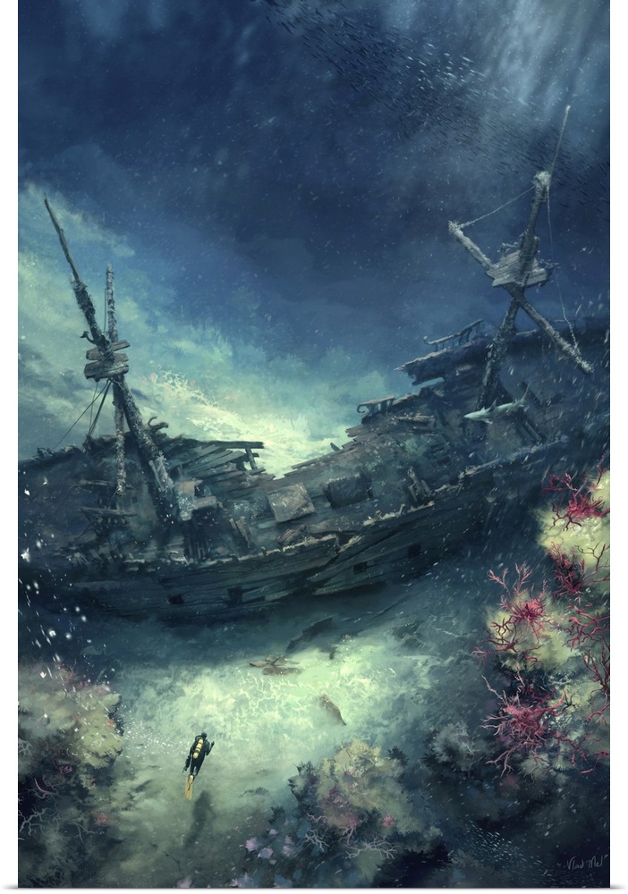 Painting of a sunken pirate ship wreck underwater with diver.