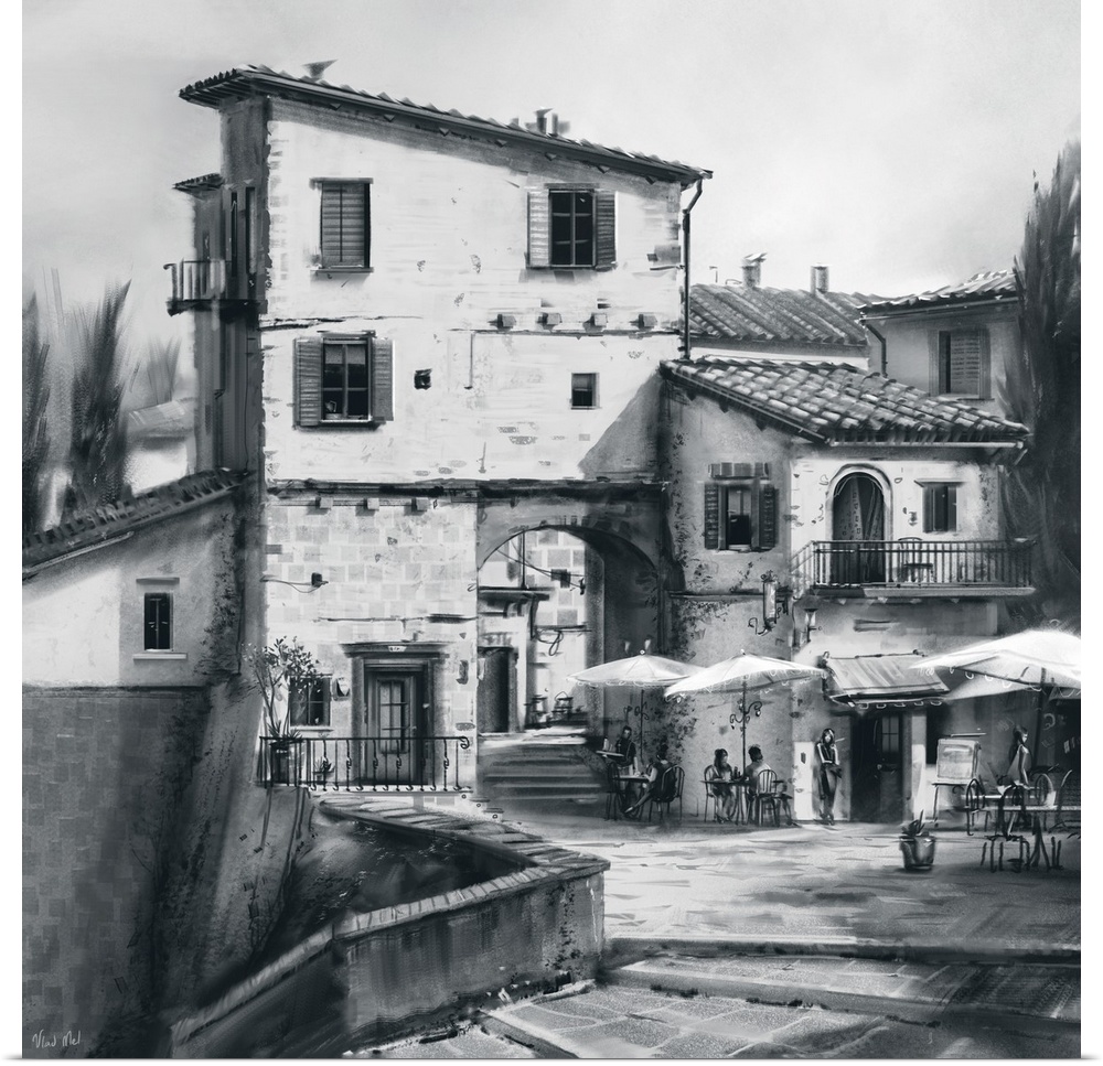 Monochrome painting of a Tuscan street.
