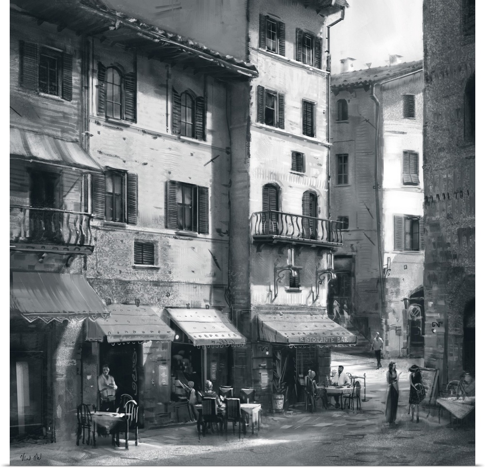 Monochrome painting of a rustic Tuscan town street.